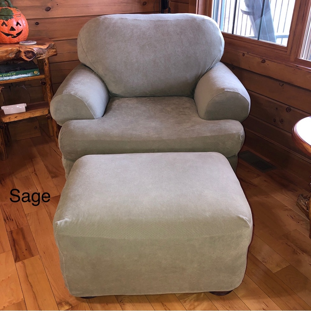 SURE FIT Sage Green Stretch Pique Chair (T-Cushion) and Ottoman Slipcovers NWOT - Picture 2 of 15